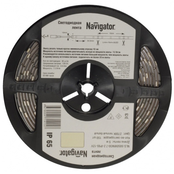 Светодиодная лента Navigator 71 427 NLS-5050WW60-14.4-IP65-12V R5 14,4W 3000K (бухта 5m)
