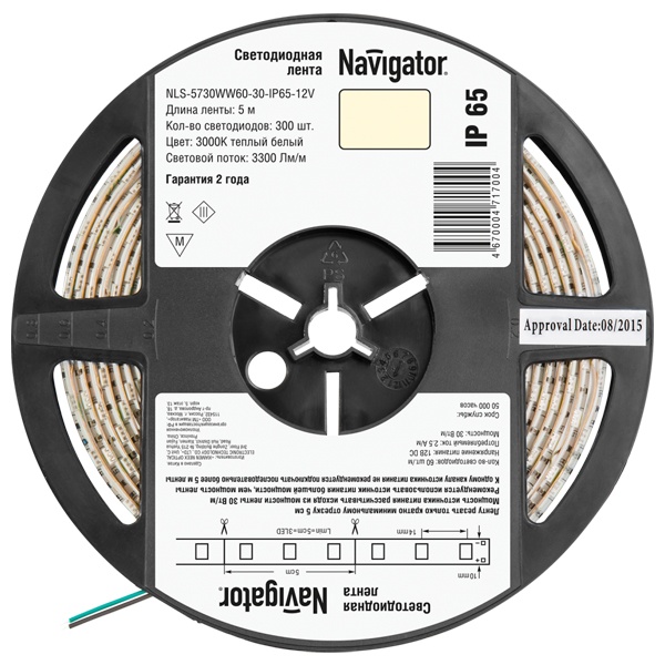 Светодиодная лента Navigator 71 700 NLS-5730WW60-30-IP65-12V R5 30W 3000K (бухта 5m)