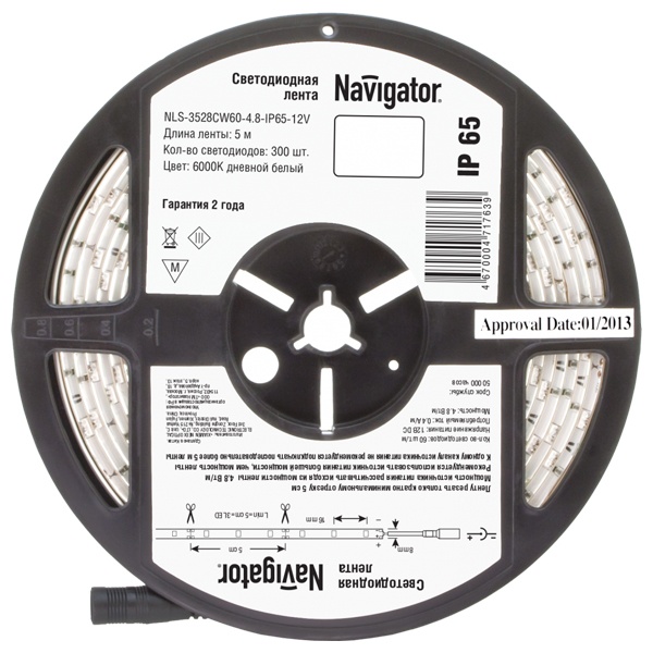 Светодиодная лента Navigator 71 763 NLS-3528СW60-4.8-IP65-12V R5 4,8W 6000K (бухта 5m)