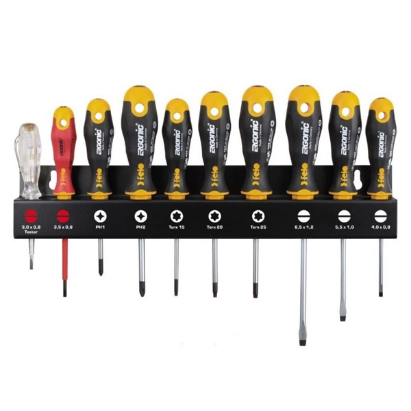 Набор отверток Felo Ergonic 10 штук серии 400/402/413/408/361 на стальной стойке