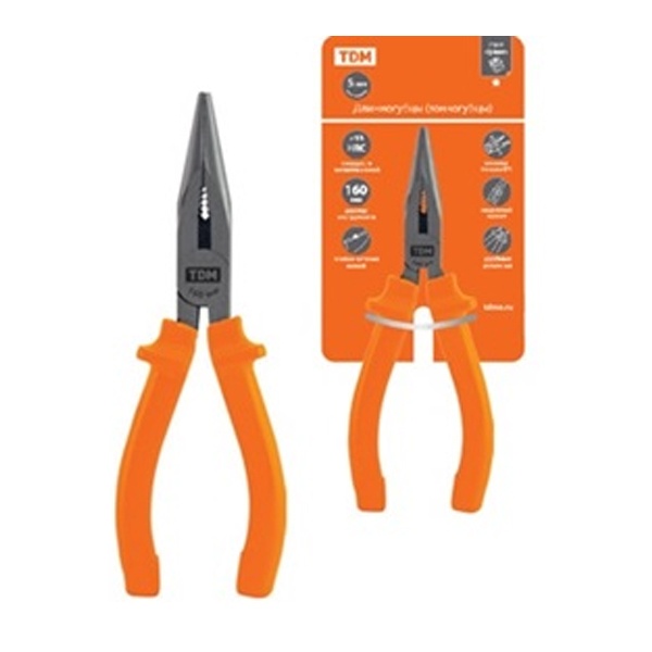 Длинногубцы (тонкогубцы) TDM, с пластиковыми рукоятками, углеродистая сталь, 180 мм, серия Гранит