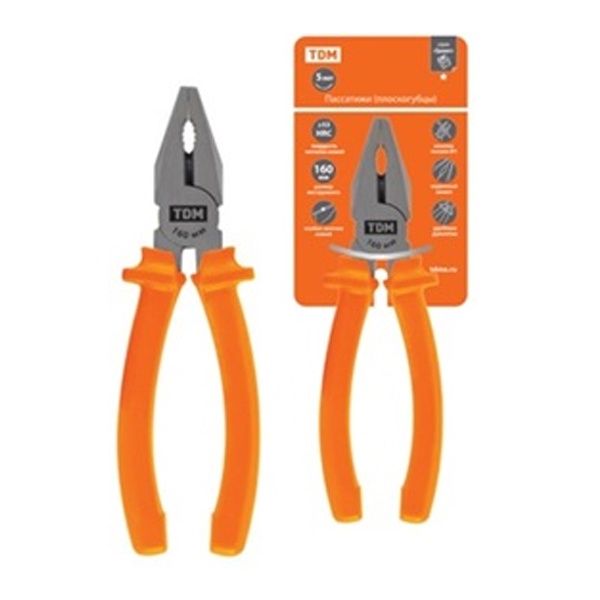 Пассатижи (плоскогубцы) TDM, с пластиковыми рукоятками, углеродистая сталь, 160 мм Гранит