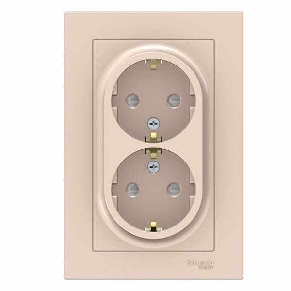 Розетка двойная с заземлением со шторками SE AtlasDesign 16А в сборе, бежевый