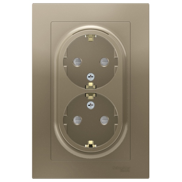 Розетка двойная с заземлением со шторками SE AtlasDesign 16А в сборе, шампань