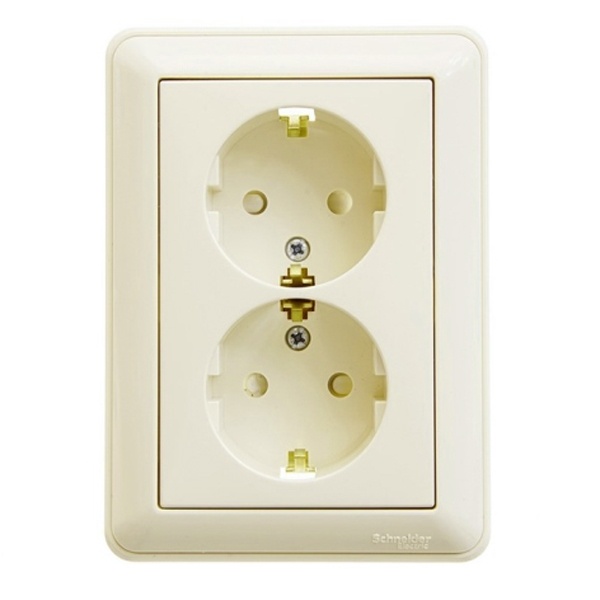 Розетка двойная с заземлением со шторками SE W59, 16А, в сборе, слоновая кость (бежевый)