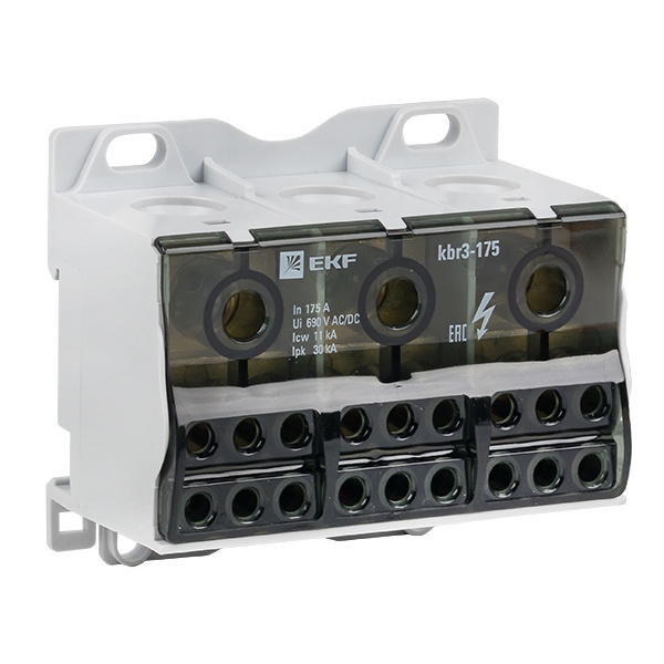 Блок распределительный КБР EKF 3 полюса на DIN-рейку и монтажную панель 175A 18 зажимов