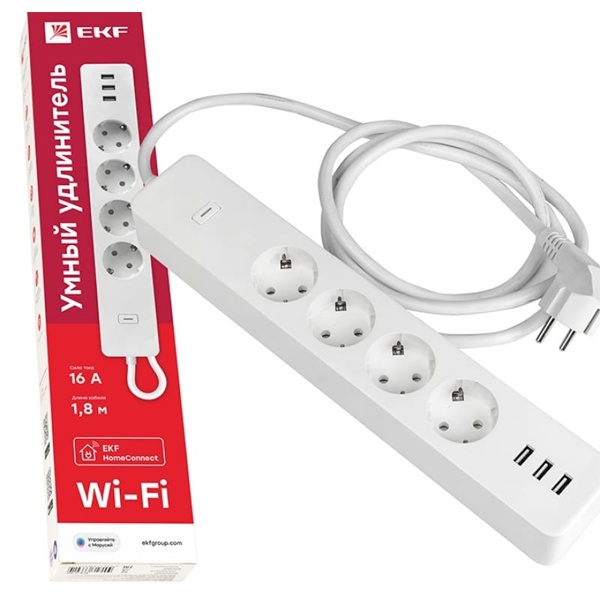 Умный удлинитель EKF Connect Wi-Fi 16А c USB голосовые помощники Алиса и Маруся