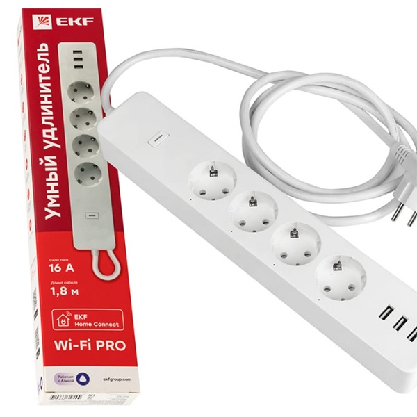 Умный удлинитель EKF Connect PRO Wi-Fi 16А c USB голосовые помощники Алиса и Маруся