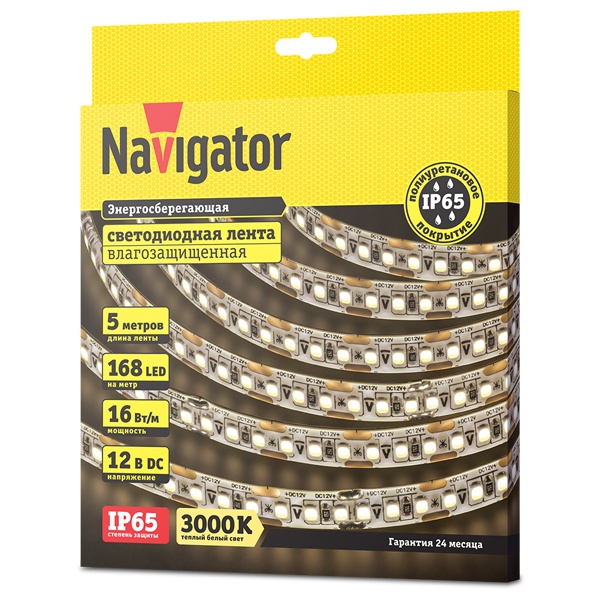 Светодиодная лента Navigator 14 458 NLS-2835WW168-16-IP65-12V 16W 3000K (увеличенной мощности)