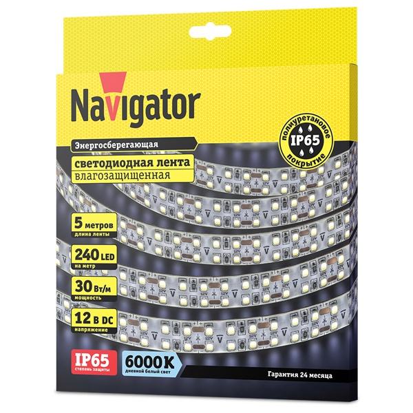 Светодиодная лента Navigator 14 464 NLS-2835CW240-30-IP65-12V 30W 6000K (увеличенной мощности)