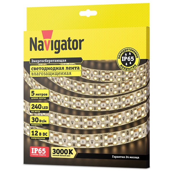 Светодиодная лента Navigator 14 466 NLS-2835WW240-30-IP65-12V 30W 3000K (увеличенной мощности)