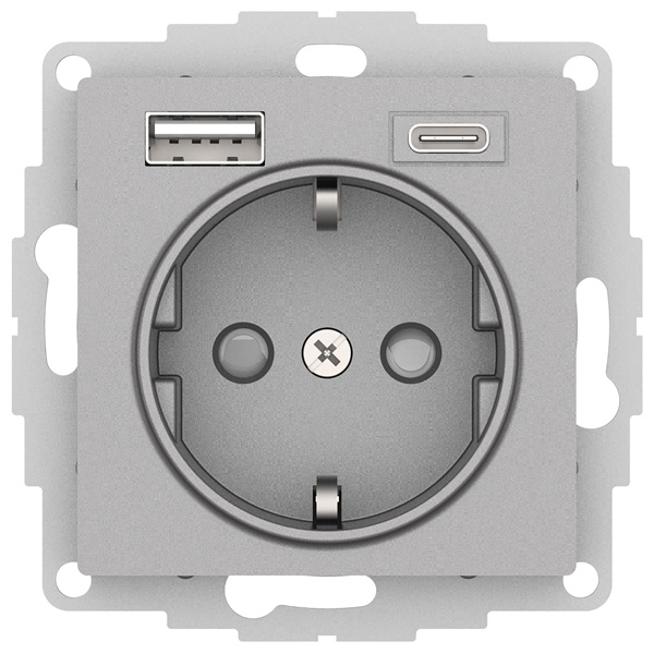 Зарядка розетка SE AtlasDesign с/з 16А + USB A+С 5В/2,4А/3,0А, 2х5В/1,5А, алюминий