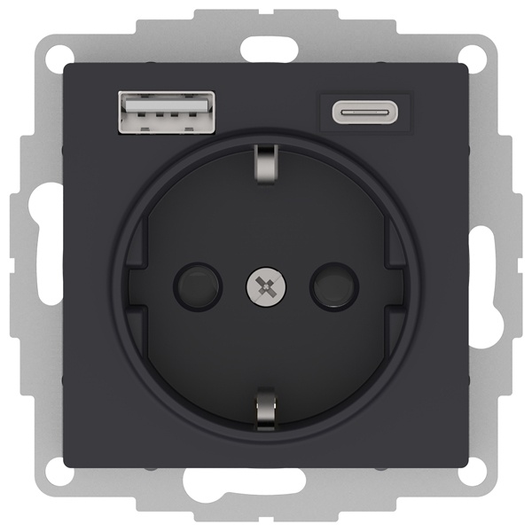 Зарядка розетка SE AtlasDesign с/з 16А + USB A+С 5В/2,4А/3,0А, 2х5В/1,5А, карбон