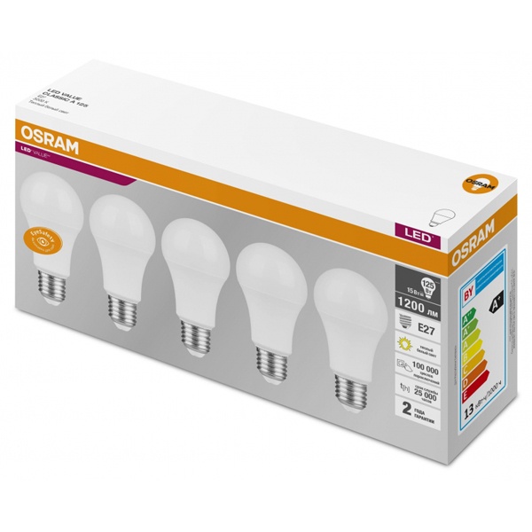 Лампа светодиодная Osram LED Value LVCLA125 15SW/830 3000K 230V E27 тепло-белый свет упаковка 5шт.