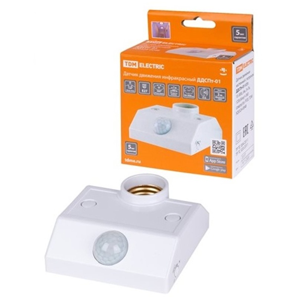 Датчик движения настенный TDM с патроном Е27 ДДСПт-01 (60Вт,10-300с, 6м, 3Лк,120-360гр IP20)