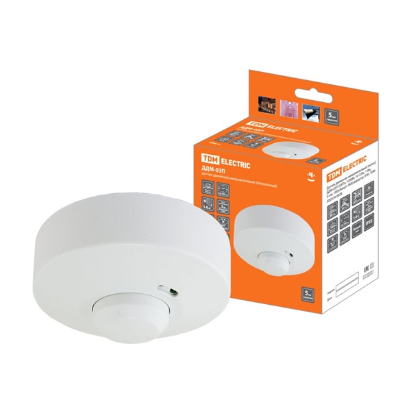 Датчик движения микроволновый потолочный TDM ДДМ-03П 5,8ГГц, 1200Вт,10-720с, 1-8м,3,180-360гр.IP33