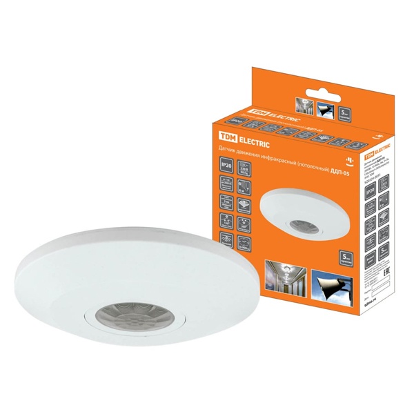 Датчик движения потолочный TDM ДДП-05 2000Вт, 10-900с, 6м , 3+Лк, 120(сбоку)+360(сверху)гр IP20