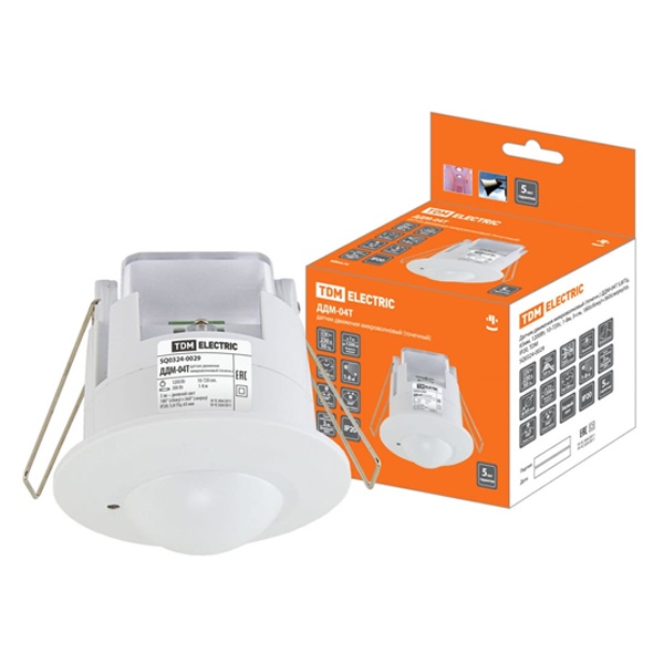 Датчик движения микроволновый точечн. TDM ДДМ-04Т 5,8ГГц,65мм,1200Вт,10-720с,1-8м,3лк,180-360гр IP20