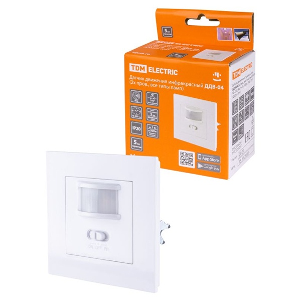 Датчик движения встраиваемый в стену TDM ДДВ-04 2-х проводный 500Вт,10-420с,9м, 5Лк,160гр IP20