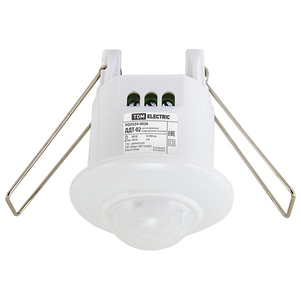 Датчик движения точечный TDM ДДТ-02 40мм, 800Вт, 10-900с, 6м, 3+лк, 120(сбоку)+360(сверху)гр IP20