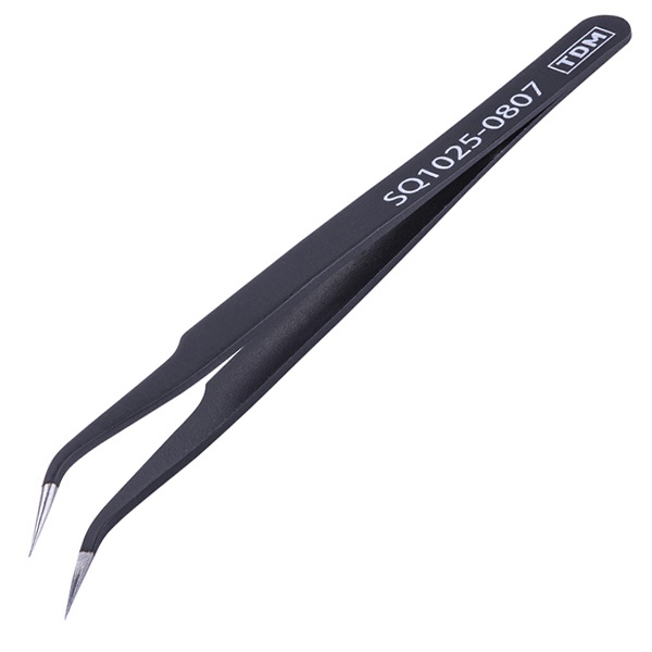 Пинцет TDM прецизионный изогнутый 120мм, острое жало, нержавейка, антистатическое покрытие, Рубин