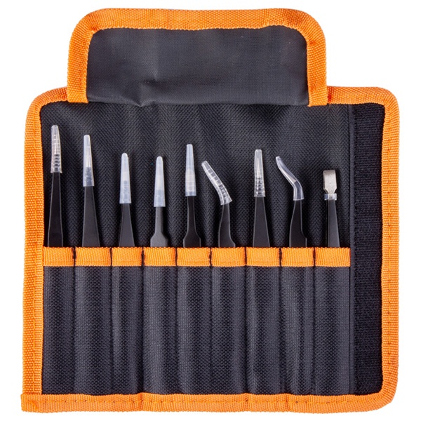 Набор пинцетов TDM для электроники, 9 предметов, нерж., антист. покрытие, тканевый чехол, Рубин