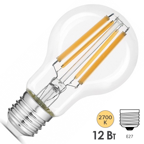 Лампа светодиодная филаментная Gauss LED A60 12W 2700K 220V E27 1200lm прозрачная теплый свет