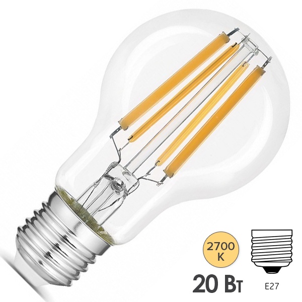 Лампа светодиодная филаментная Gauss LED A60 20W 2700K 220V E27 1800lm прозрачная теплый свет