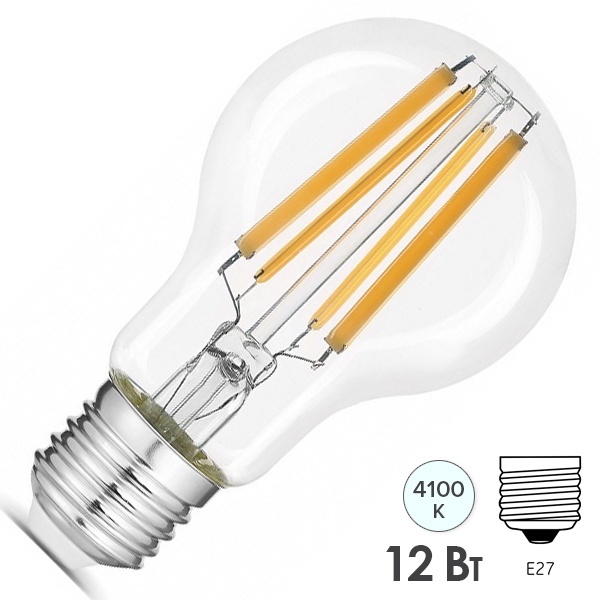 Лампа светодиодная филаментная Gauss LED A60 12W 4100K 220V E27 1250lm прозрачная холодный свет