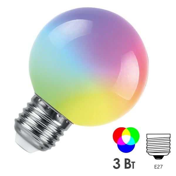 Лампа светодиодная Feron LB-371 шар G60 3W RGB 230V E27 матовая, плавная сменая цвета