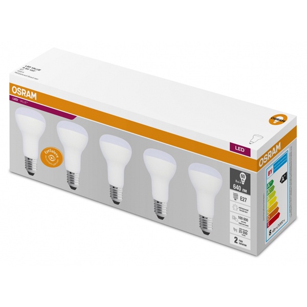 Лампа светодиодная Osram LED Value LV R63 8SW/830 (60W) 3000K 230V E27 640Lm упаковка 5шт.