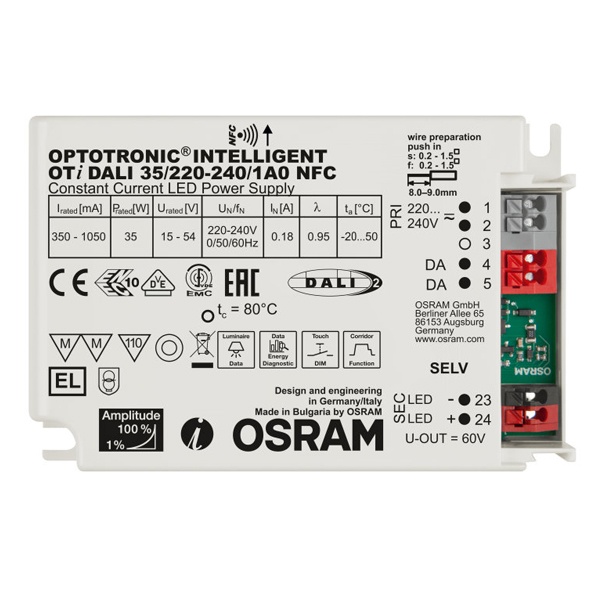 LED драйвер Osram OTi DALI 35/220…240/1A0 NFC LEDset/Prog 35W 350-1050мА 103x67x30mm