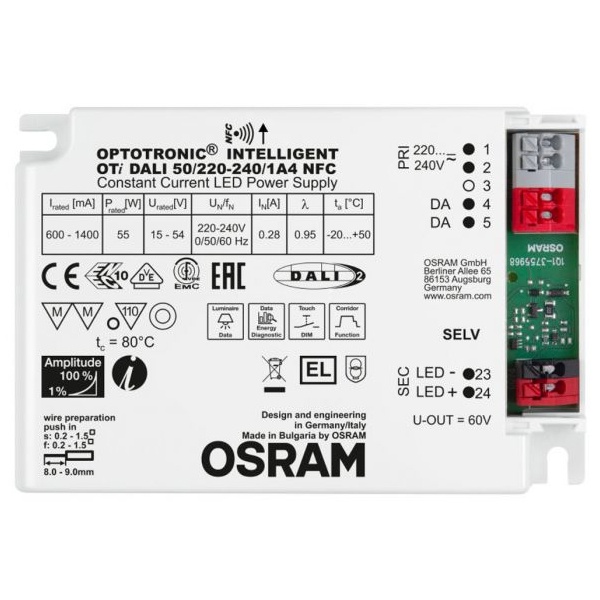 LED драйвер Osram OTi DALI 50/220…240/1A4 NFC /LEDset/Prog 55W 600-1400мА 103x75x35mm