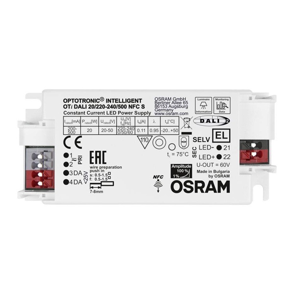 LED драйвер Osram OTi DALI 20/220…240/500 NFC S LEDset/Prog 20W 200-500мА 97x30x43mm