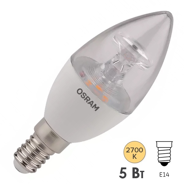 Лампа светодиодная свеча Osram LED LS CL B40 5W/827 2700K 220V E14 прозрачная теплый свет