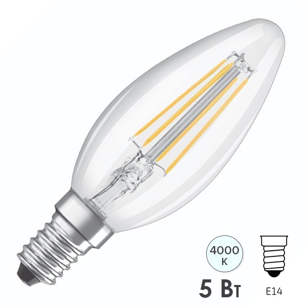 Лампа филаментная свеча Osram LED SCL B60 5W/840 4000K 220V E14 прозрачная