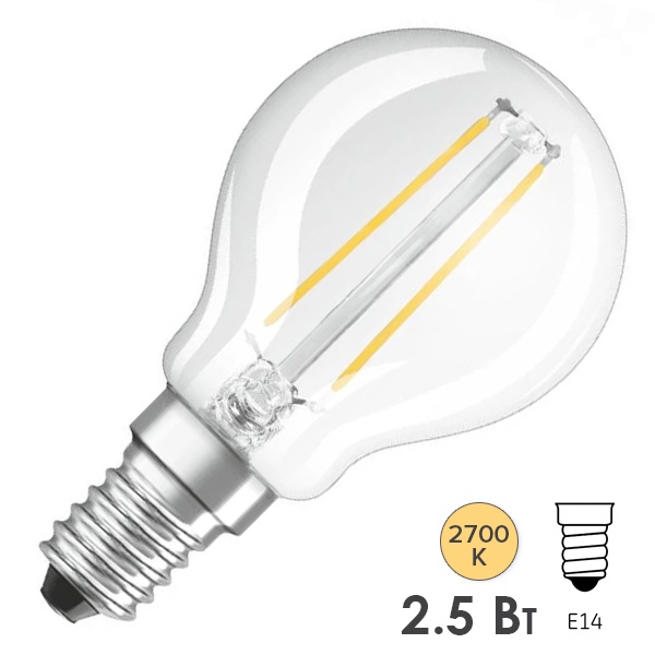 Лампа филаментная светодиодная шарик Osram Parathom CL P25 2.5W/827 2700K 220V E14 прозрачная