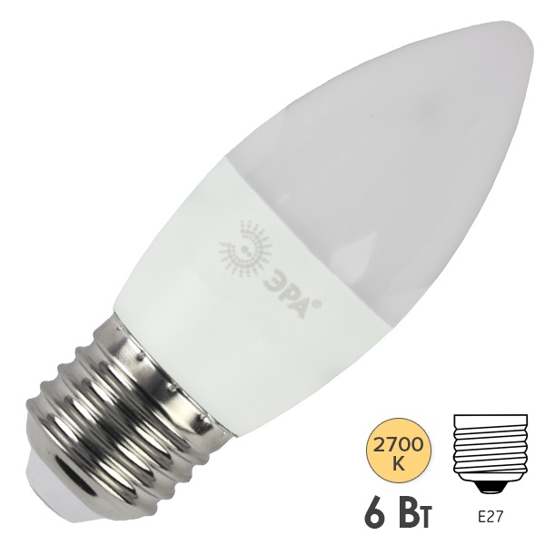 Лампа светодиодная свеча ЭРА RED LINE ECO LED B35 6W 827 2700K 220V E27 теплый свет