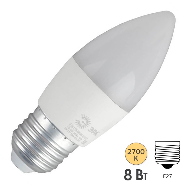 Лампа светодиодная свеча ЭРА RED LINE ECO LED B35 8W 827 2700K 220V E27 теплый свет