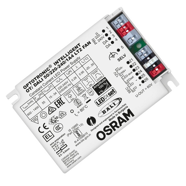 LED драйвер Osram OTi DALI 50/1A4 LT2 FAN 55W 15-54V 600-1400мА 110x75x25mm
