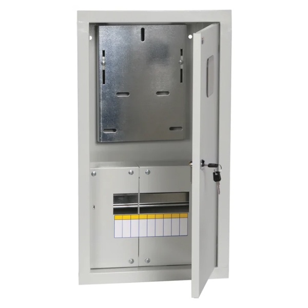 Щит металлический с окном ИЭК ЩУРн-3/9зо У1 IP54 на 3-фазный счетчик и 9 модулей навесной