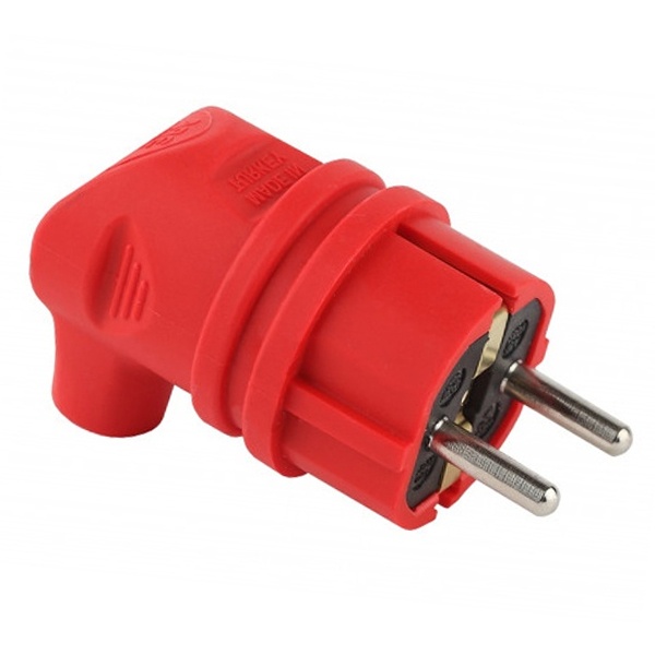 Вилка каучуковая с заземлением ЭРА V9(R) 2Р+Е 16А угловая IP44 красная