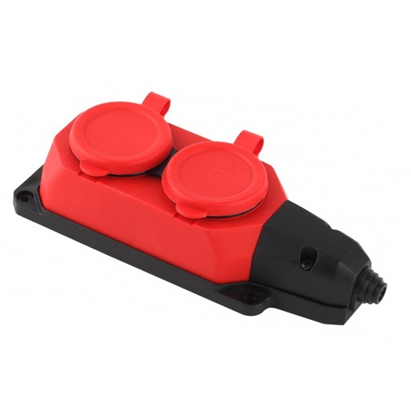 Розетка каучуковая двойная настенная с крышками ЭРА K2e(R) 2х2P+E 16А IP44 красная