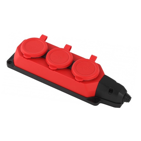 Розетка каучуковая тройная настенная с крышками ЭРА K3e(R) 3х2P+E 16А IP44 красная