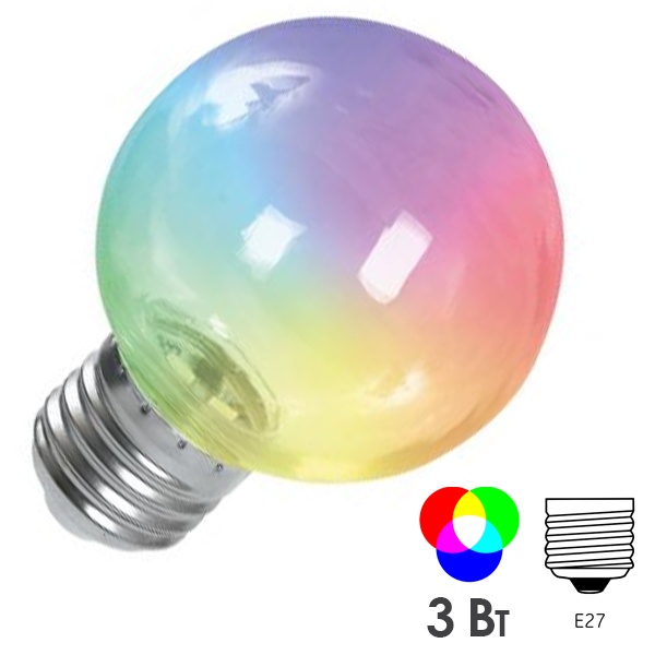 Лампа светодиодная Feron LB-371 шар G60 3W RGB 230V E27 прозрачная, плавная смена цвета