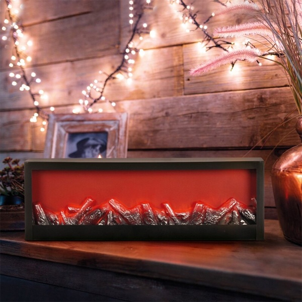 Светодиодный камин Хайтек с эффектом живого огня 60х10х20см, питание от батарейки 3хС или USB