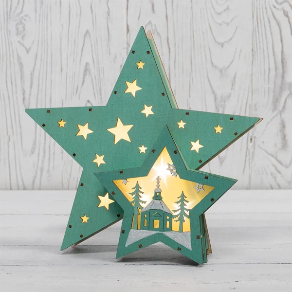 Деревянная фигура с подсветкой Домик Звездочета бирюзовая 26х7х25 см,