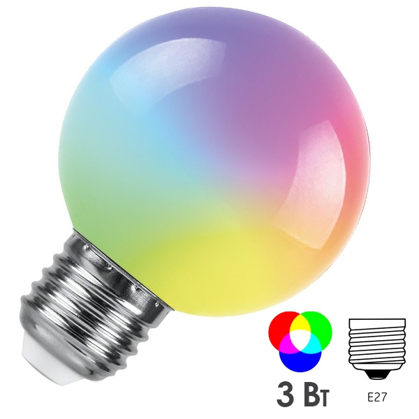 Лампа светодиодная Feron LB-371 шар G60 3W RGB 230V E27 матовая, быстрая смена цвета