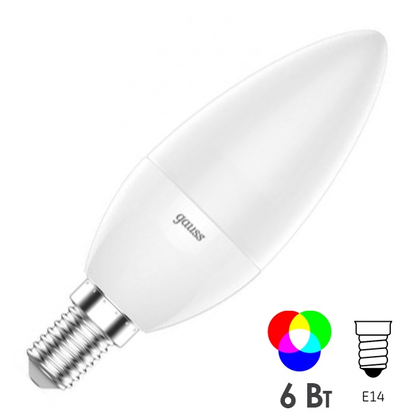 Лампа светодиодная диммируемая свеча Gauss 6W E14 RGBW