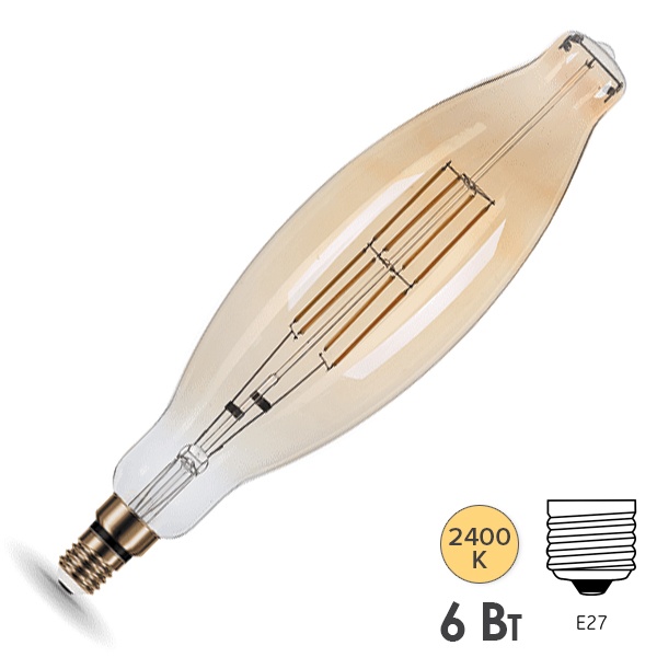 Лампа филаментная светодиодная Gauss BT120 6W 2400K Е27 780Lm золотой прямая нить